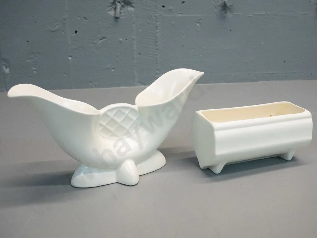 2 white glazed flower trough vases - small (Crown Lynn ?) marked "55" H70 L140 and a Crown Devon double opening Image 1++