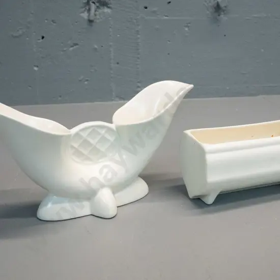 2 white glazed flower trough vases - small (Crown Lynn ?) marked "55" H70 L140 and a Crown Devon double opening