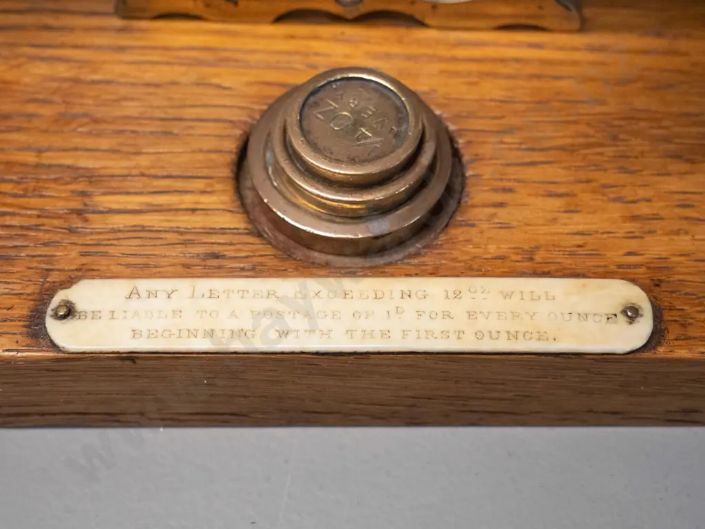 antique oak and brass post office scale with engraved rates on platform, bone plaque & set of weights H-120 W-230 Image 1++