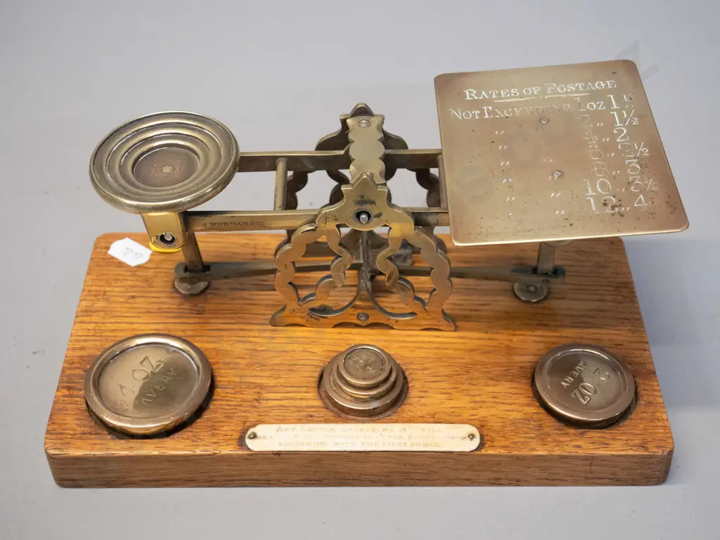 antique oak and brass post office scale with engraved rates on platform, bone plaque & set of weights H-120 W-230 Image 1++