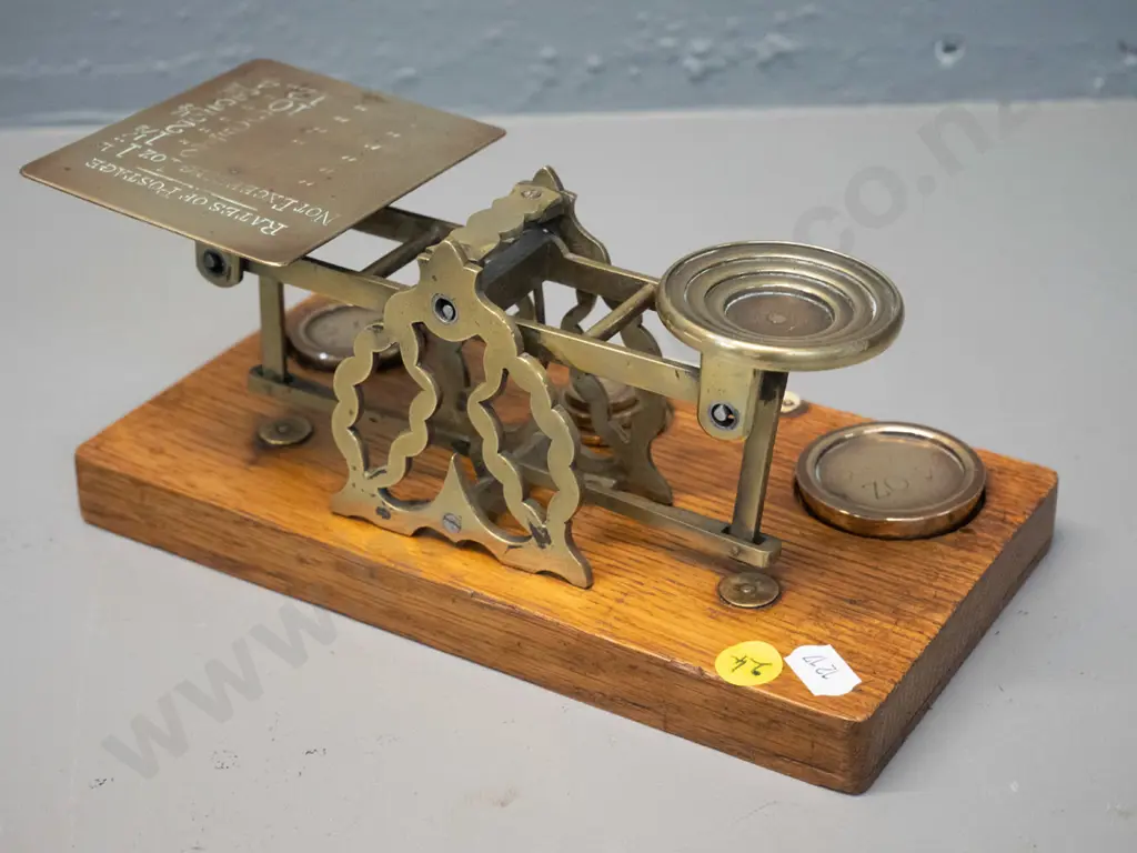 antique oak and brass post office scale with engraved rates on platform, bone plaque & set of weights H-120 W-230 Image 1++