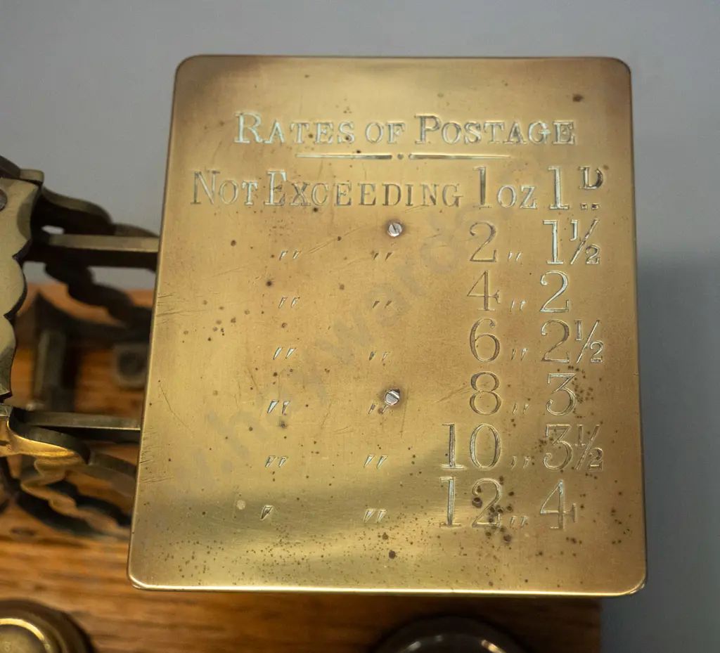 antique oak and brass post office scale with engraved rates on platform, bone plaque & set of weights H-120 W-230 Image 1++