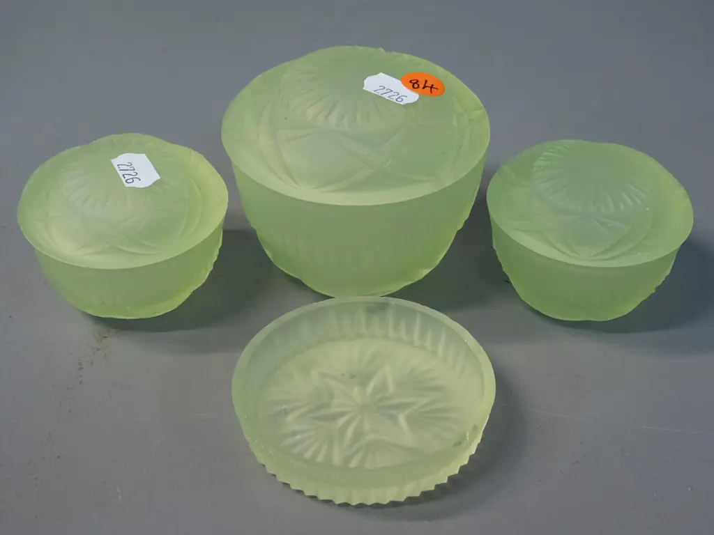 4-piece frosted green uranium glass dressing table set - chips to pin dish and chip under lid of large pot H80 D90 Image 1++