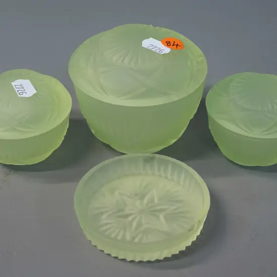 4-piece frosted green uranium glass dressing table set - chips to pin dish and chip under lid of large pot H80 D90