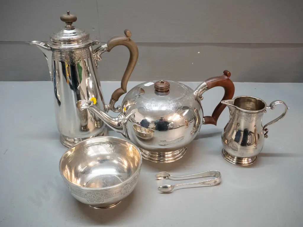 sterling silver 4-piece tea set with bakelite handles plus sugar tongs. Coffee or hot water pot H-250 1.996kg Image 1++