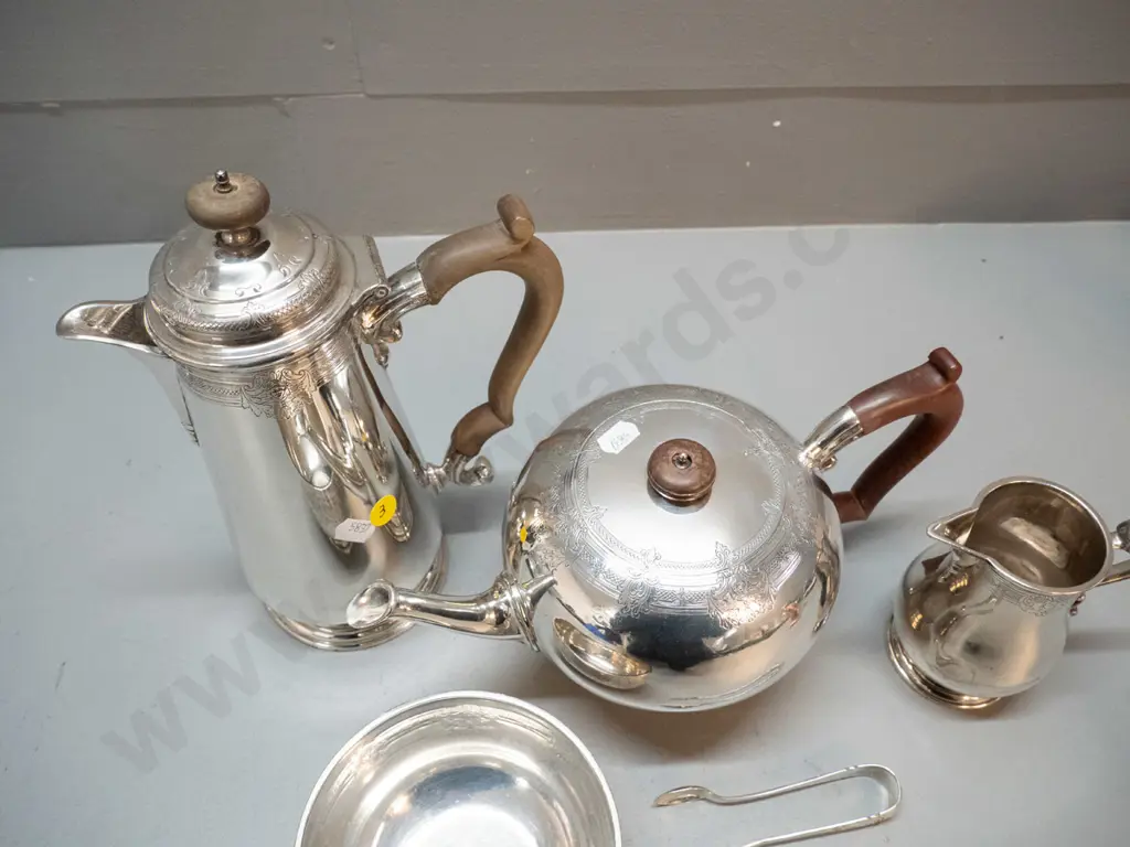 sterling silver 4-piece tea set with bakelite handles plus sugar tongs. Coffee or hot water pot H-250 1.996kg Image 1++