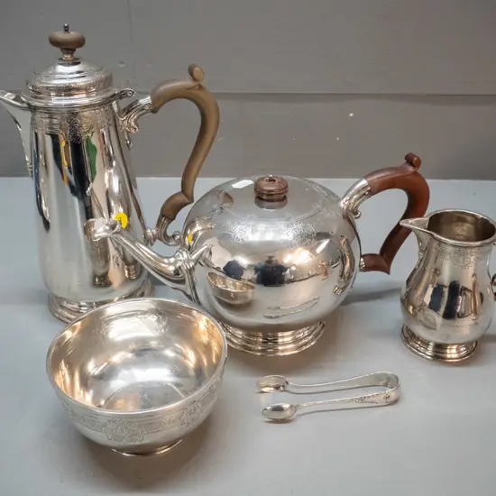 sterling silver 4-piece tea set with bakelite handles plus sugar tongs. Coffee or hot water pot H-250 1.996kg