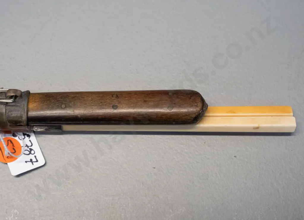 Chinese knife and (bone?) chopsticks in shagreen covered metal sheath - knife has timber handle with inset decoration Image 1++