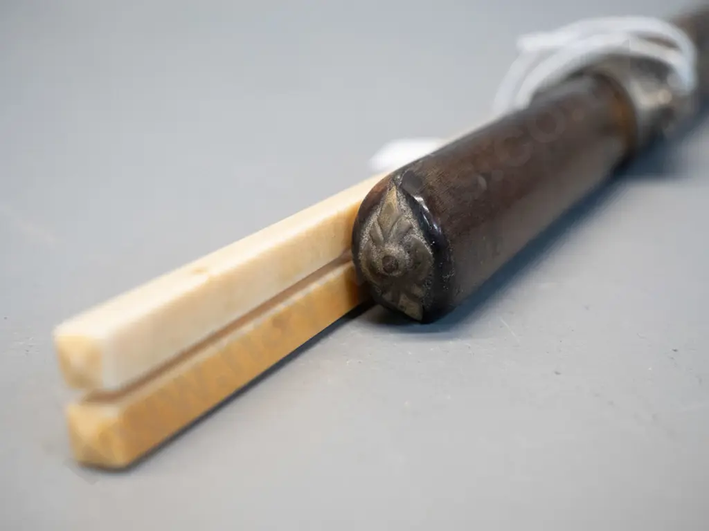 Chinese knife and (bone?) chopsticks in shagreen covered metal sheath - knife has timber handle with inset decoration Image 1++