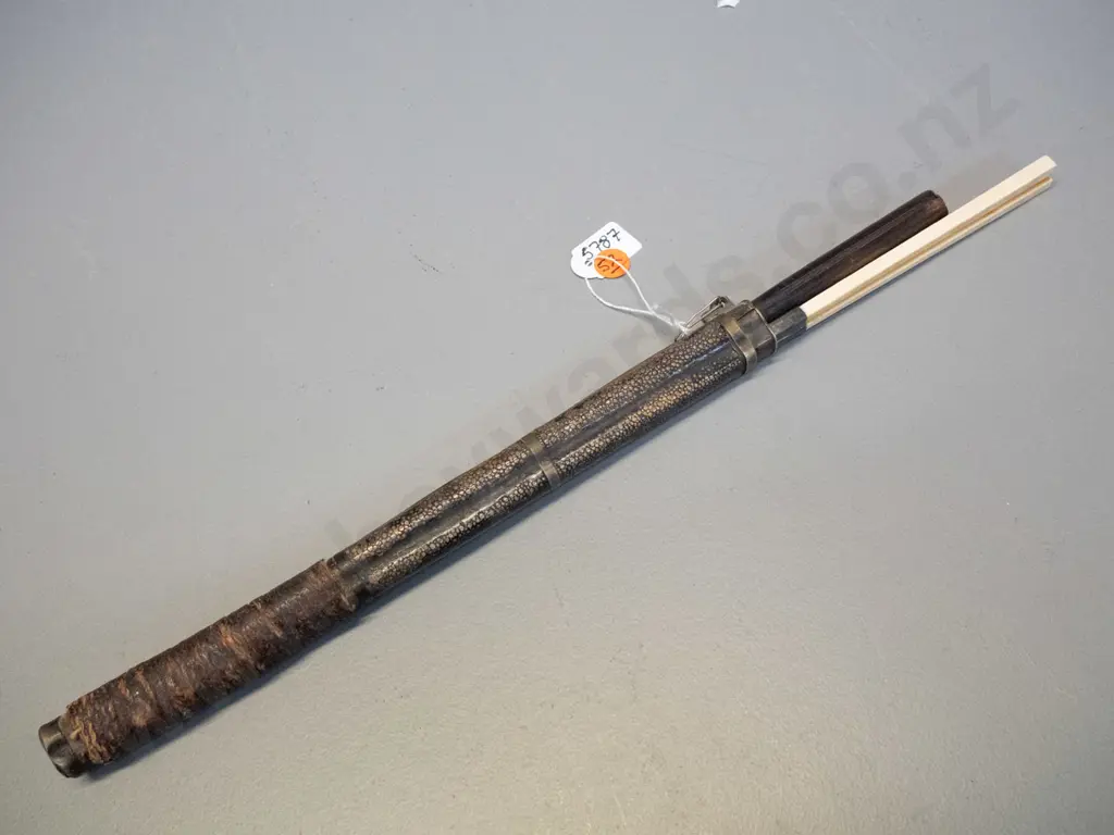 Chinese knife and (bone?) chopsticks in shagreen covered metal sheath - knife has timber handle with inset decoration Image 1++