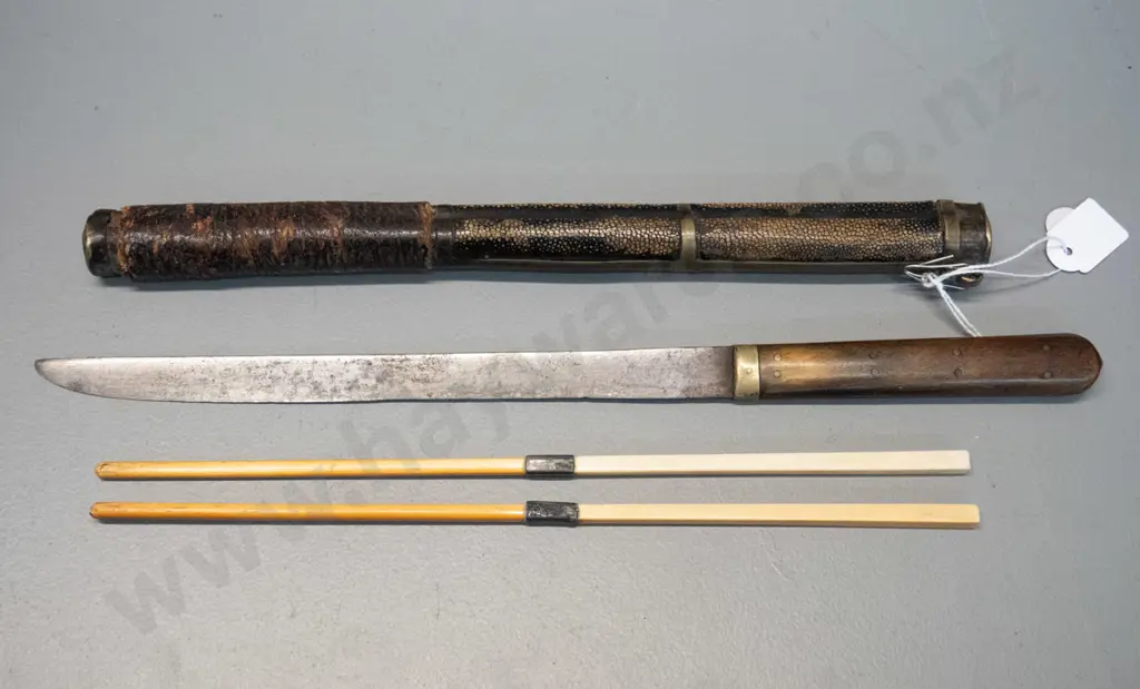 Chinese knife and (bone?) chopsticks in shagreen covered metal sheath - knife has timber handle with inset decoration Image 1++