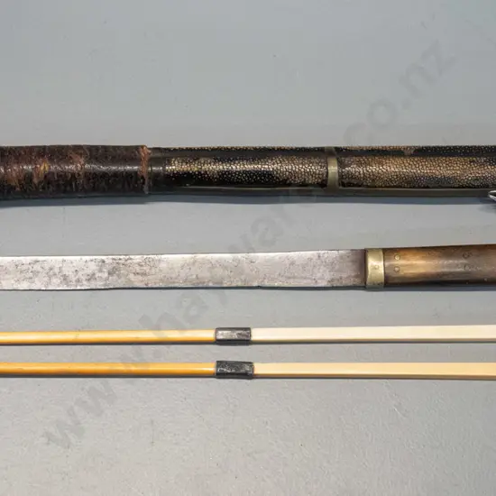 Chinese knife and (bone?) chopsticks in shagreen covered metal sheath - knife has timber handle with inset decoration