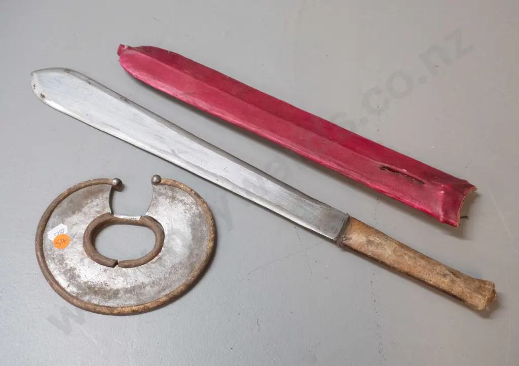 2 Masai metal and hide tribal items - sharp edged bracelet and knife in sheath L-500. Knife very tight fit. Image 1++