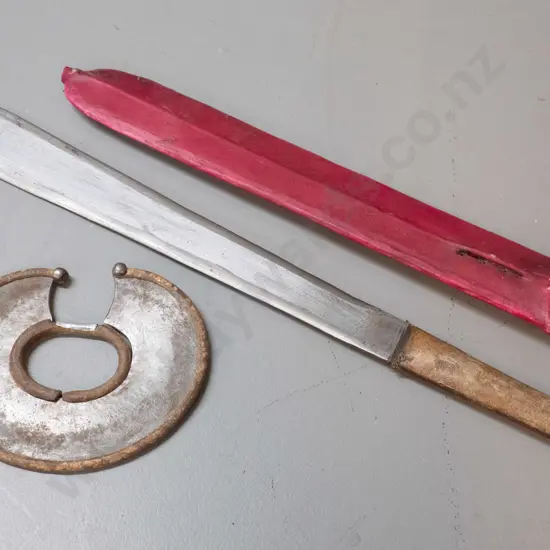 2 Masai metal and hide tribal items - sharp edged bracelet and knife in sheath L-500. Knife very tight fit.