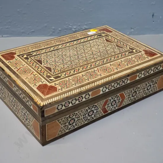 timber (sandalwood?) box with intricate inlay decoration H-70 W-260 D-180