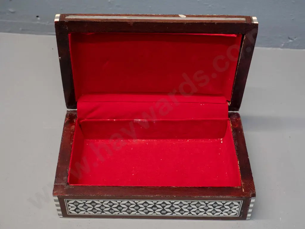 timber box with intricate inlay decoration - mother of pearl and other materials, some wear and marks H60 W210 Image 1++