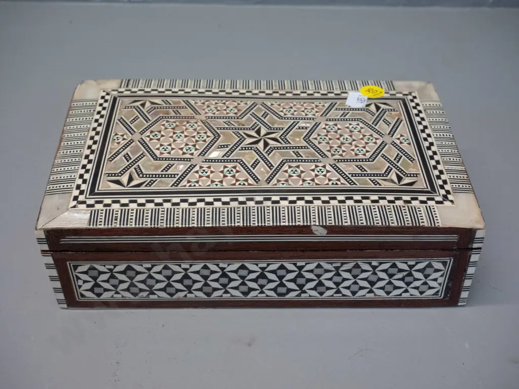 timber box with intricate inlay decoration - mother of pearl and other materials, some wear and marks H60 W210 Image 1++