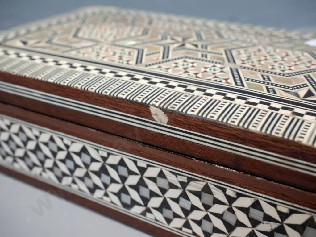 timber box with intricate inlay decoration - mother of pearl and other materials, some wear and marks H60 W210 Image 1++
