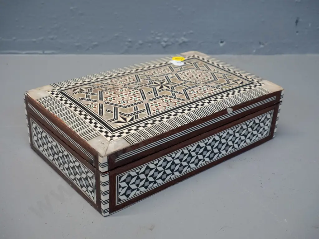 timber box with intricate inlay decoration - mother of pearl and other materials, some wear and marks H60 W210 Image 1++