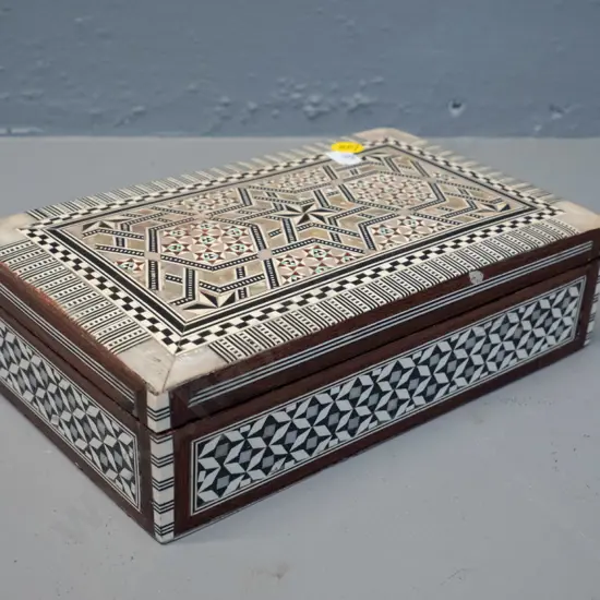 timber box with intricate inlay decoration - mother of pearl and other materials, some wear and marks H60 W210
