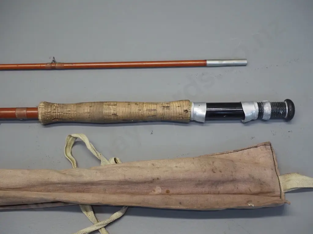 2-piece split cane fishing rod in canvas sleeve with Hardy's label - longer section is L-1400 Image 1++