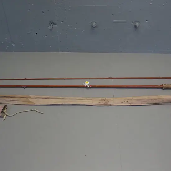 2-piece split cane fishing rod in canvas sleeve with Hardy's label - longer section is L-1400