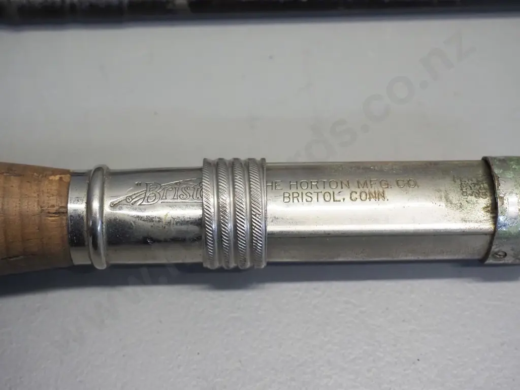 3-piece black finish steel fishing rod - Horton MFG engraved on aluminium collar, in canvas sleeve, 1907 patent mark Image 1++