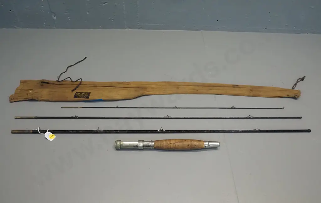 3-piece black finish steel fishing rod - Horton MFG engraved on aluminium collar, in canvas sleeve, 1907 patent mark Image 1++