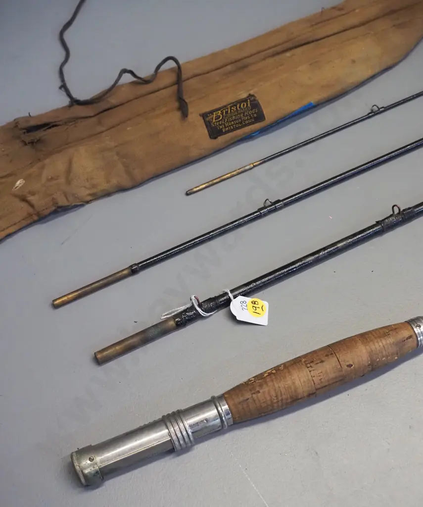 3-piece black finish steel fishing rod - Horton MFG engraved on aluminium collar, in canvas sleeve, 1907 patent mark Image 1++