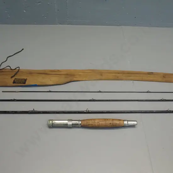3-piece black finish steel fishing rod - Horton MFG engraved on aluminium collar, in canvas sleeve, 1907 patent mark