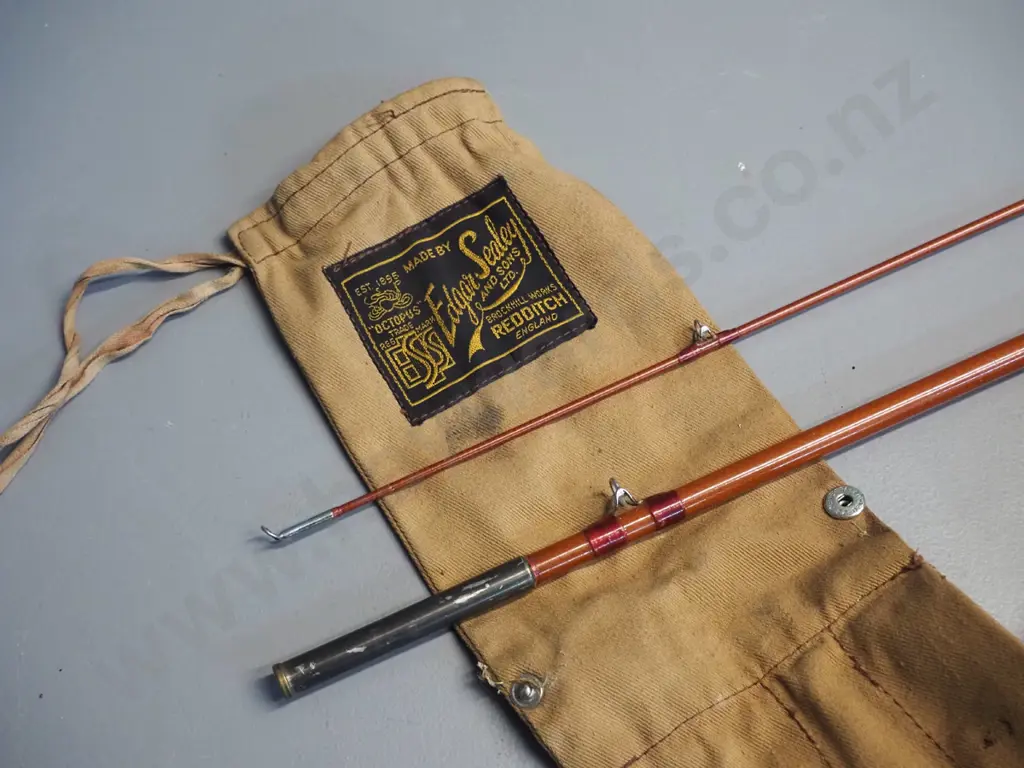 2-piece timber fishing rod in canvas sleeve with Sealey "Octopus" Redditch label - longer section is L-1360 Image 1++