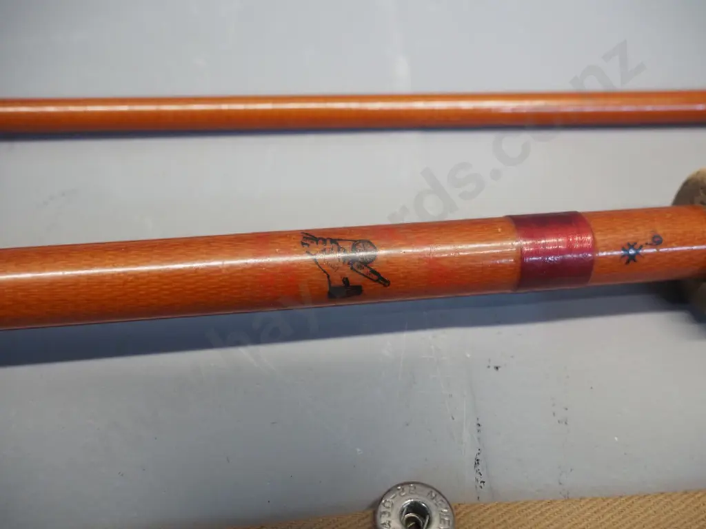 2-piece timber fishing rod in canvas sleeve with Sealey "Octopus" Redditch label - longer section is L-1360 Image 1++