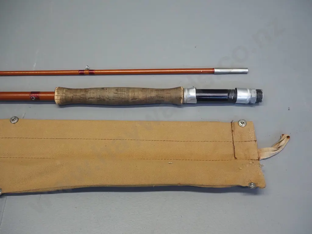 2-piece timber fishing rod in canvas sleeve with Sealey "Octopus" Redditch label - longer section is L-1360 Image 1++