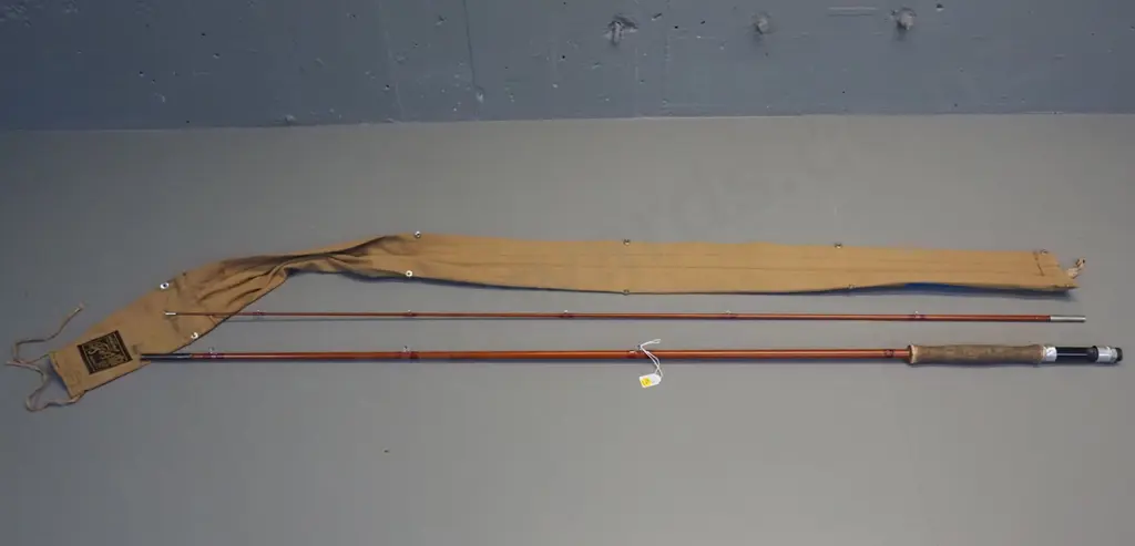 2-piece timber fishing rod in canvas sleeve with Sealey "Octopus" Redditch label - longer section is L-1360 Image 1++