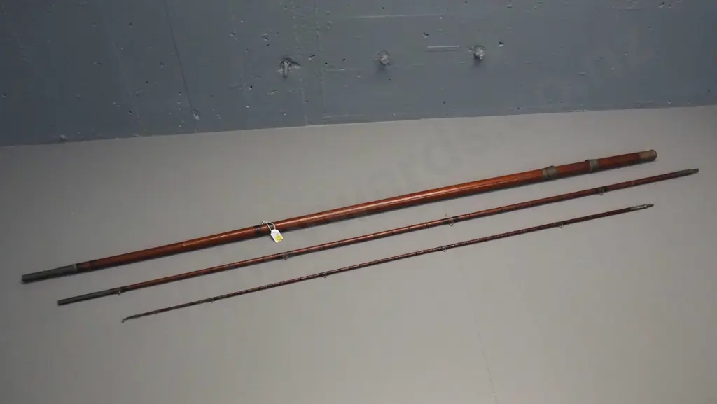 vintage 3-piece timber fishing rod with brass fittings - marked W. Bartlett & Sons Redditch - tip section fits into Image 1++