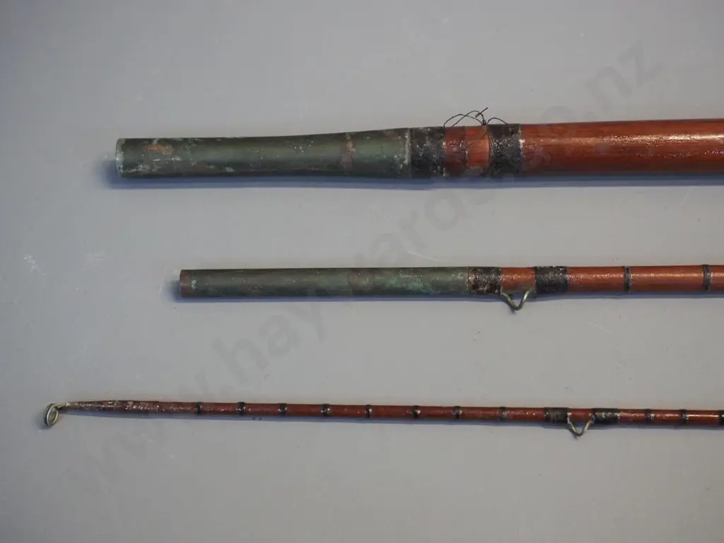 vintage 3-piece timber fishing rod with brass fittings - marked W. Bartlett & Sons Redditch - tip section fits into Image 1++