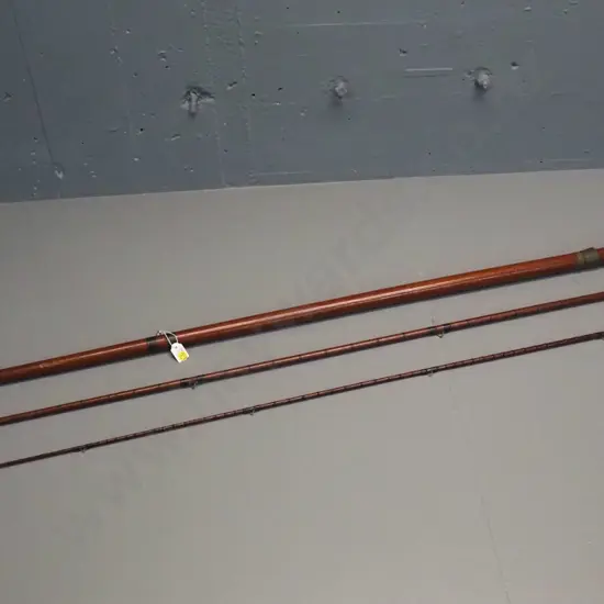 vintage 3-piece timber fishing rod with brass fittings - marked W. Bartlett & Sons Redditch - tip section fits into