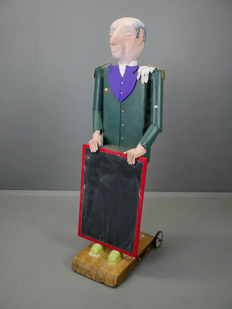 hand carved and painted timber butler display stand with blackboard, on slab base with wheels H-1400 W-400 D-560 Image 1++