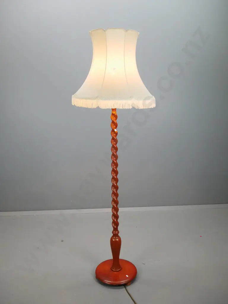 vintage mahogany barley twist standard lamp on 3 bun feet, with fringed ivory shade H-1820 Base D-350 Image 1++