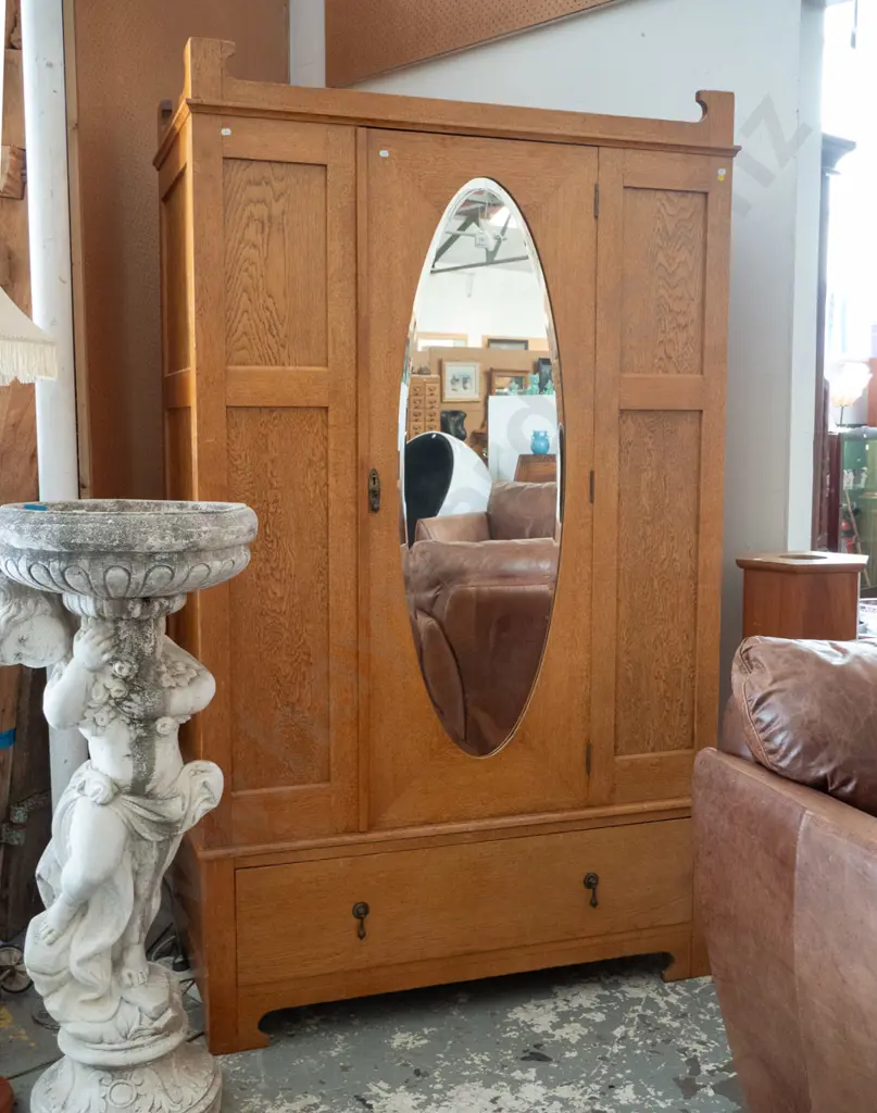 oak arts & crafts single door wardrobe, oval bevelled edge mirror in door, lower boot drawer with drop handles, interior Image 1++