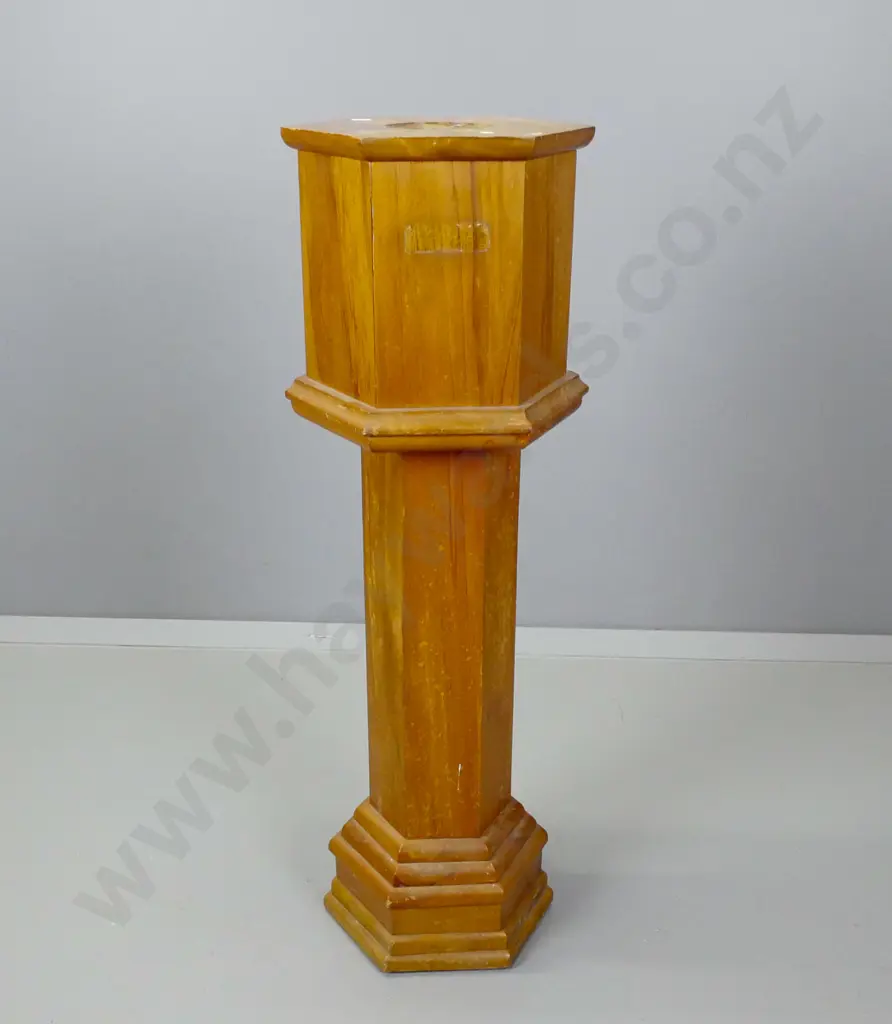 vintage rimu hexagonal ecclesiastical font with circular cutout, water staining to top H-950 W-310 D-310 Image 1++