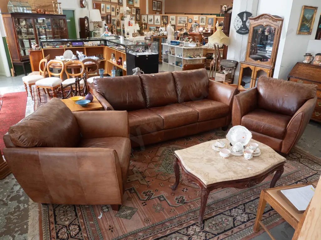 contemporary natural brown leather 3 piece lounge suite with 1x 3 seater settee and 2x singles Image 1++