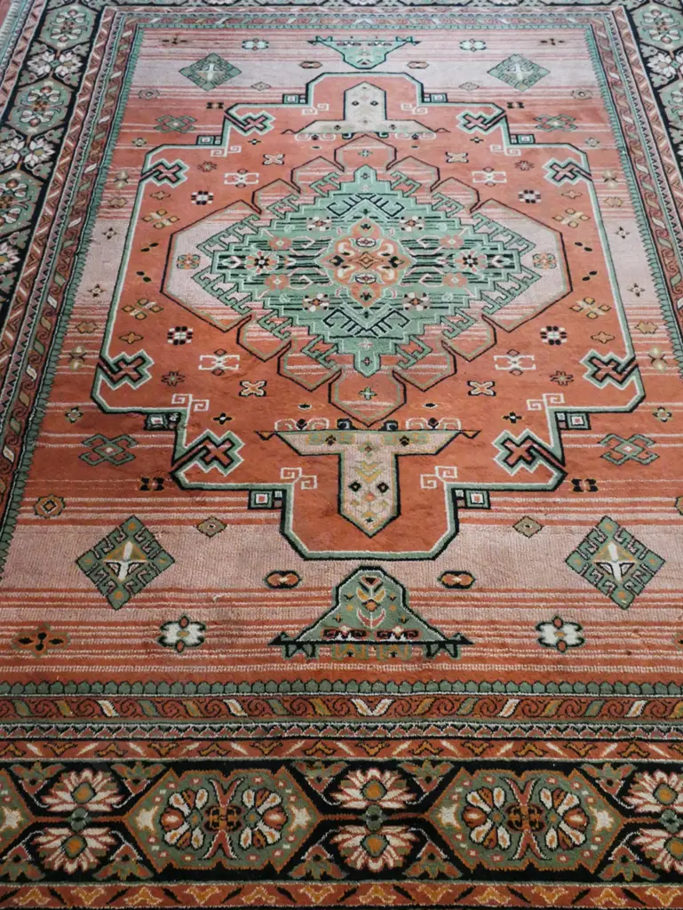 large wool pile Persian style floor rug - terracotta, green & black L-3460 W-2510 (some wear) Image 1++