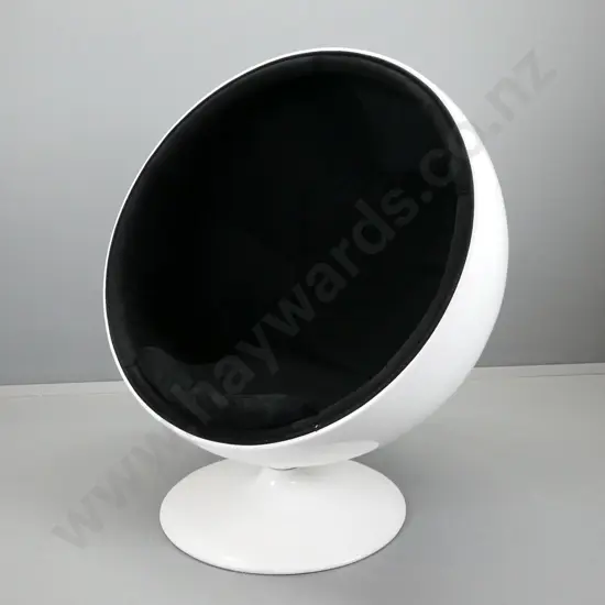 retro style white finish fibreglass globe or ball chair with black upholstery - minor cracking/dents to