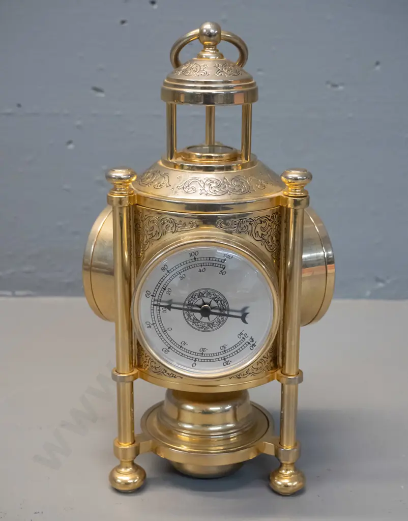 incised brass combination desktop clock, barometer, thermometer and compass, 3-leg pillar base, made in China H-260, Image 1++