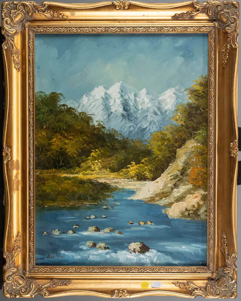 Keith - gilt framed oil - river and mountain scene H-390 W-290 Image 1++