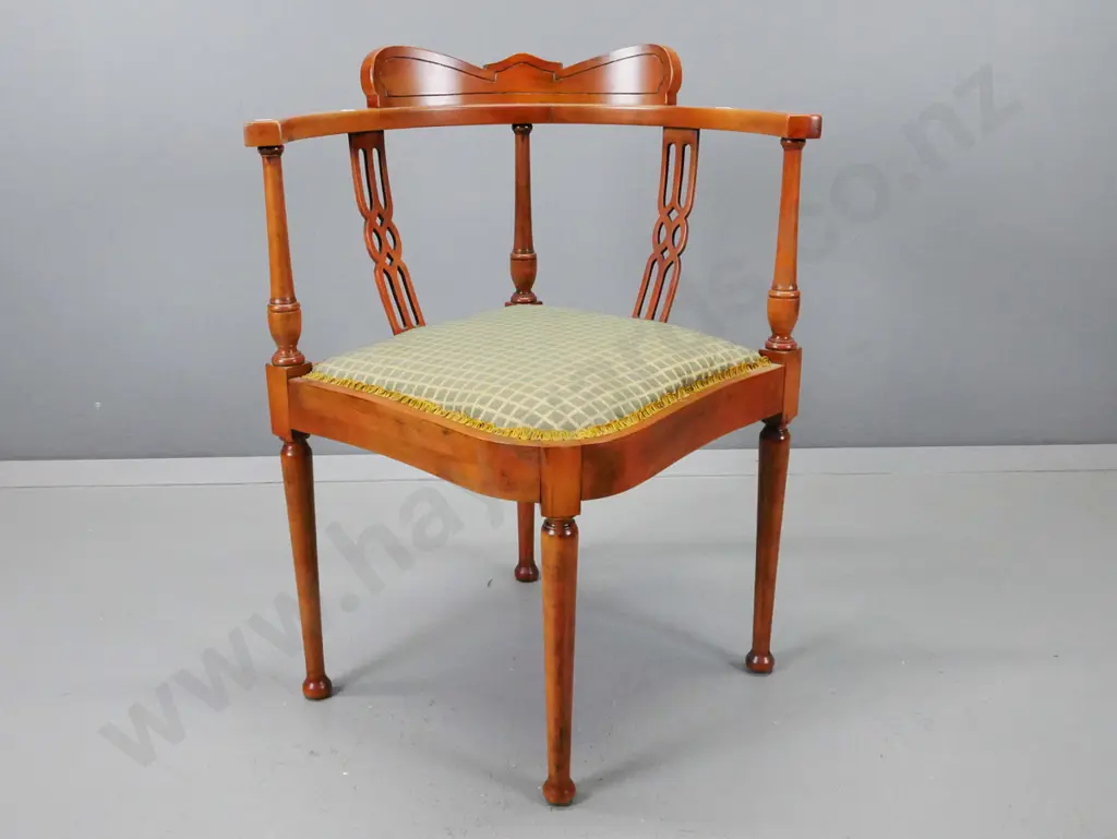 vintage beech corner chair with pierced back splats, shaped back, turned legs, upholstered in green & gold fabric H-750 Image 1++