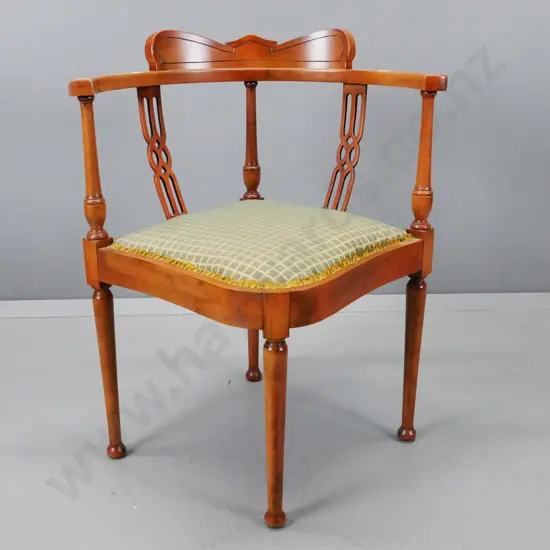 vintage beech corner chair with pierced back splats, shaped back, turned legs, upholstered in green & gold fabric H-750
