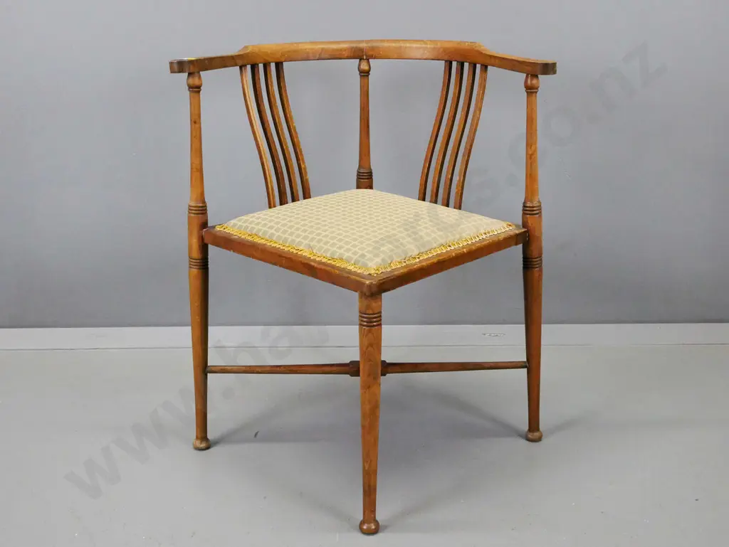vintage beech slat back corner chair, turned x-frame base and legs, overall water damage to finish Image 1++