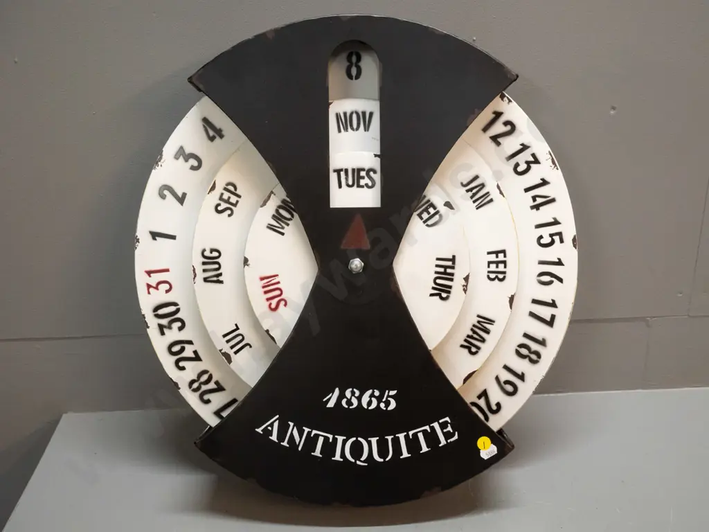 reproduction metal cased wall hanging calendar with 3 rotating metal discs - with Bear & Fox tag H500 W490 Image 1++